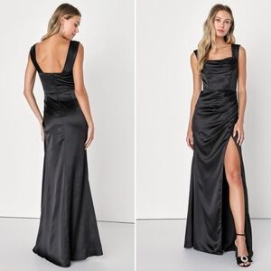 Lulu's Draped Neck Elegant Black Satin Dress